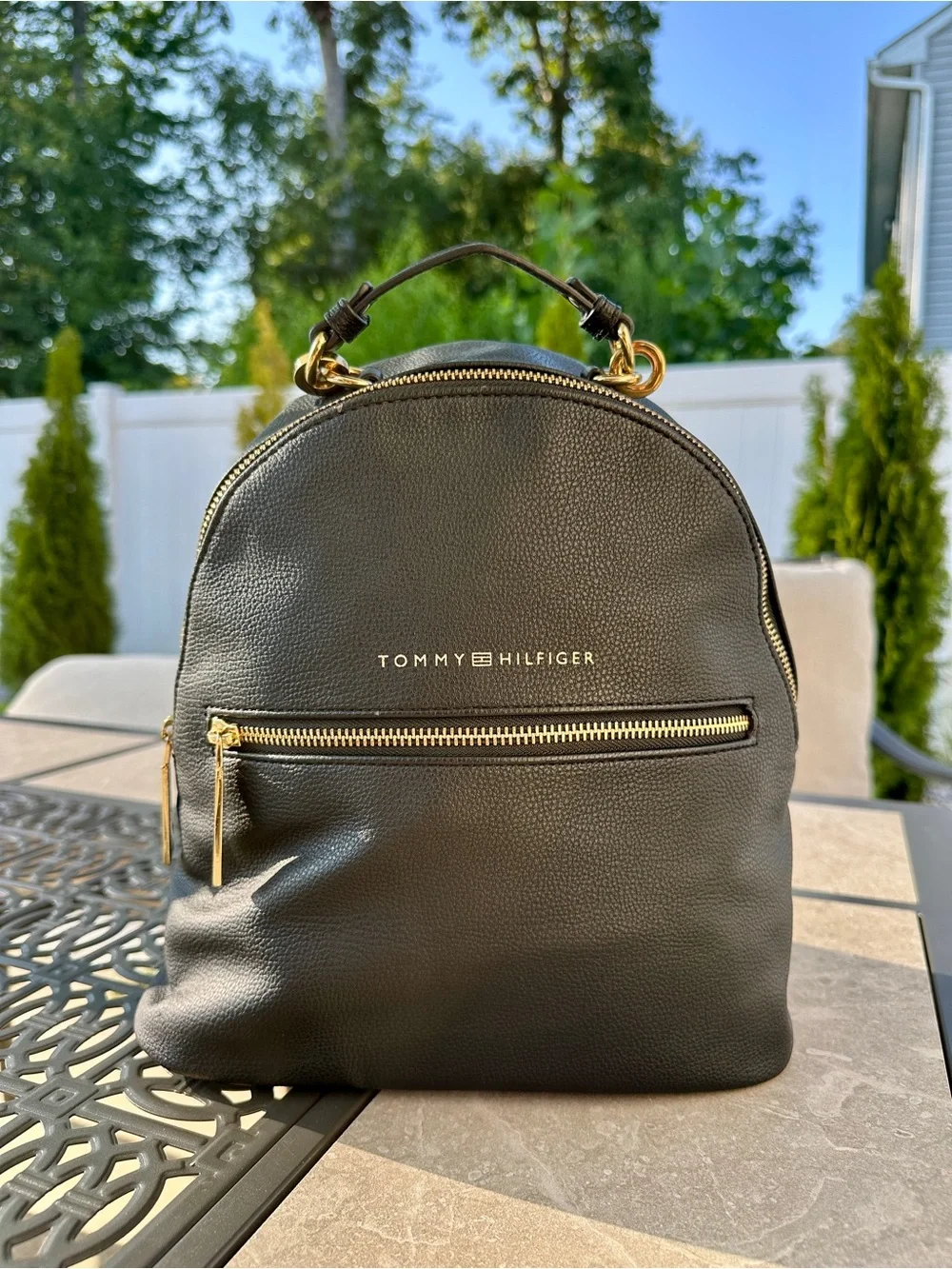 Tommy Hilfiger Black Leather Backpack - Gold Hardware